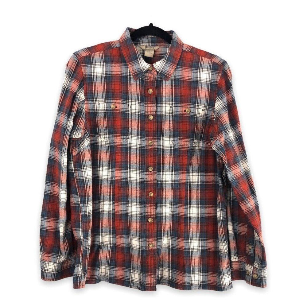 Duluth Trading Co Women's Medium Red White Blue Cotton Plaid Flannel Button Down